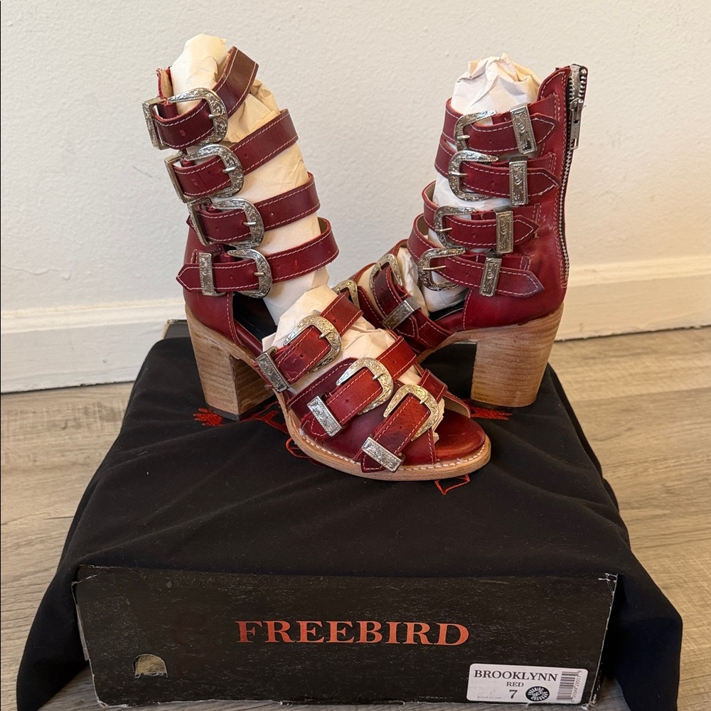 freebird Burgundy Multi-Buckle Leather Heeled Sandals